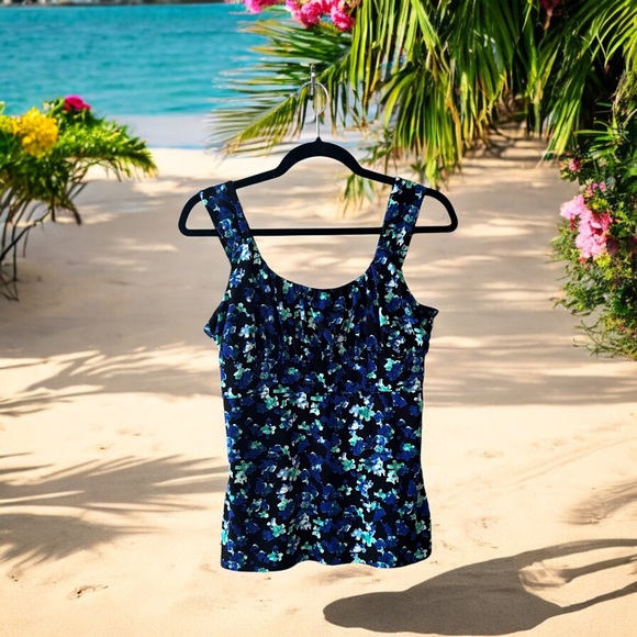 Ann Taylor Black/Royal Blue/Blue/Mint Green/White Splotchy Floral Print Tank Top - Picture 5 of 14